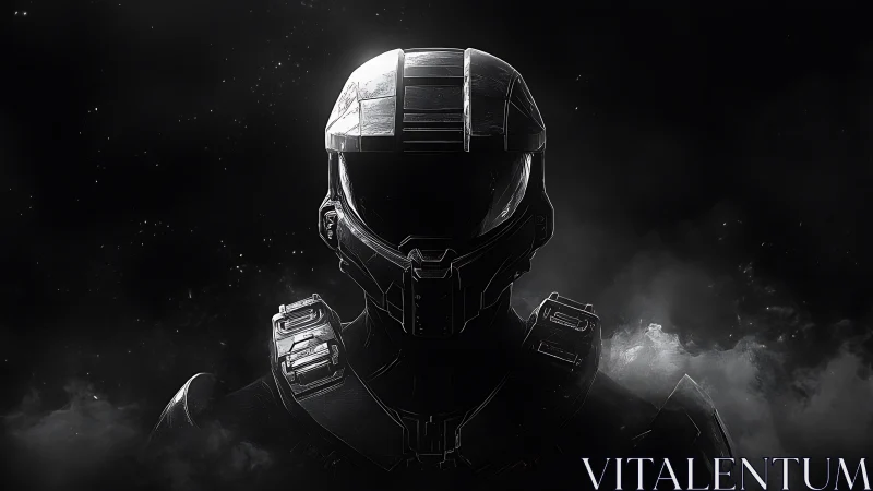 Armored space soldier emerges from darkness in silver light