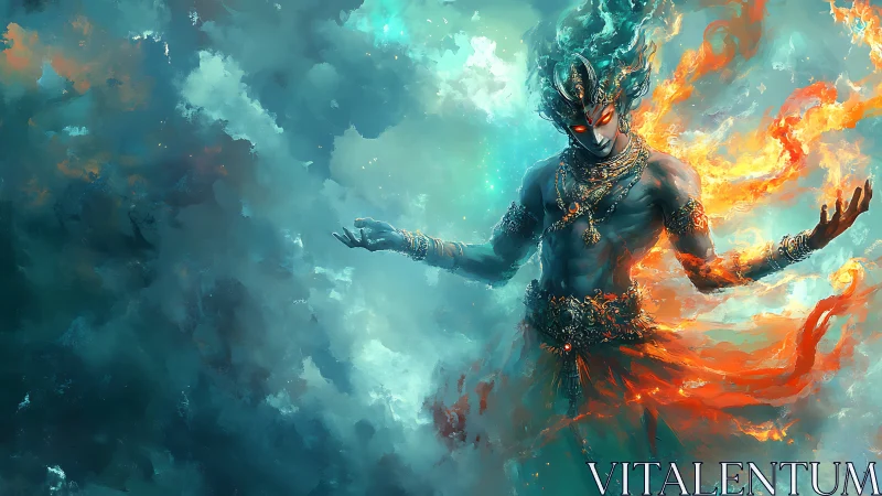 Mystic fire spirit rises in swirling blue and orange skies