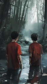 Red-shirted ghosts wade upstream toward a bruised morning