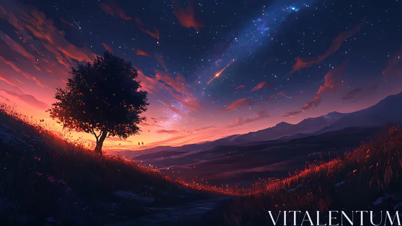 Peaceful hillside tree under a glowing twilight sky.