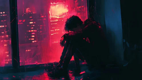 Neon storm at the window, a lone figure folded in shadow.