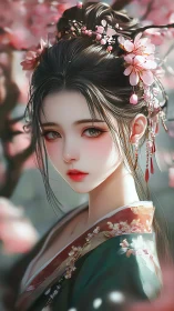 Digital portrait shows floral hair ornaments and kimono details