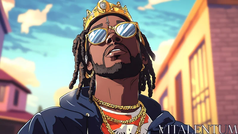 Golden crowned hip-hop king enjoys a sunlit city stroll