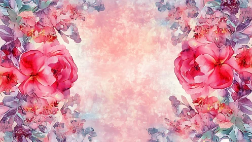 Blooming Pink Peonies Frame Dreamy Watercolor Garden.