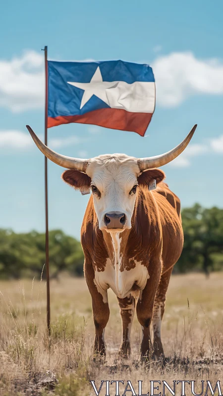 Longhorn standing proud beneath billowing Texas flag.