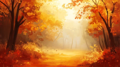 Autumn forest pathway with golden light penetration through canopy