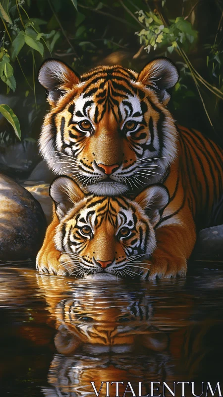 Bengal Tiger Mother and Cub in Water.
