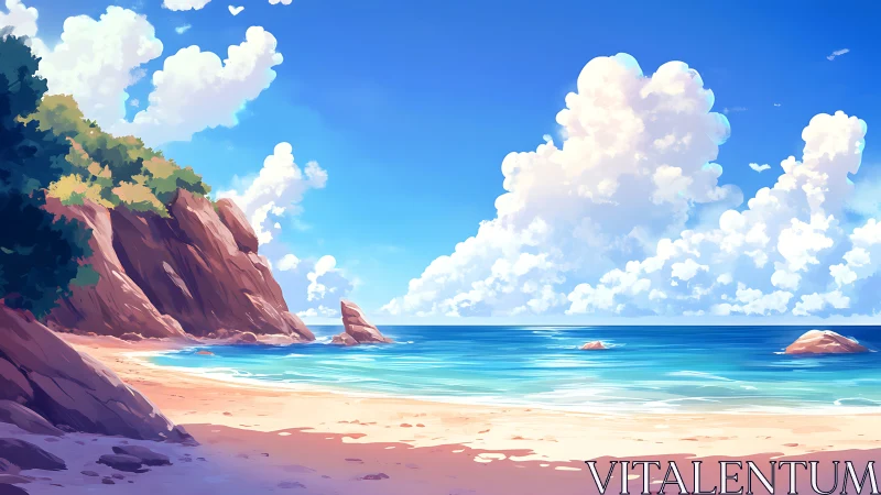 Tropical Coastal Landscape with Red Rock Formations and Sea