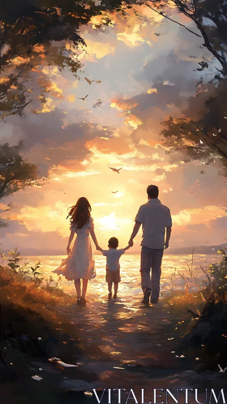 Sunset stroll with a loving family beside glowing waters.