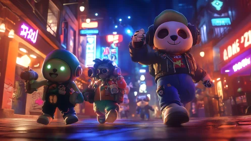 Stylized characters traverse neon urban street at night