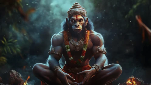 Simian humanoid figure in ornate attire seated in forest.