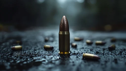 Single bullet standing on wet asphalt with scattered rounds.