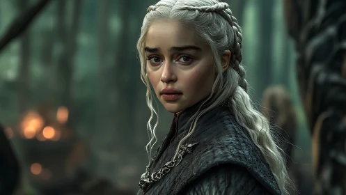 Silver haired warrior pauses softly in a misty forest.