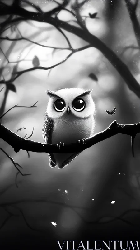 Monochrome nocturnal owl study with exaggerated ocular geometry.