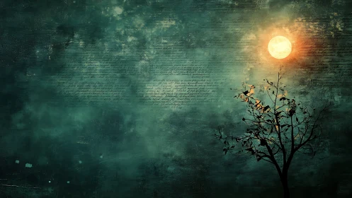 Moonlit tree silhouette against textured teal sky.