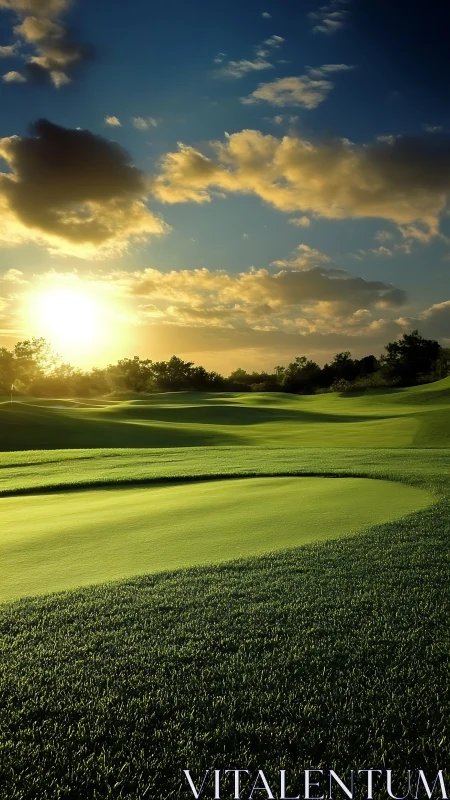 Sunlit golf fairway with sculpted greens and long shadows.