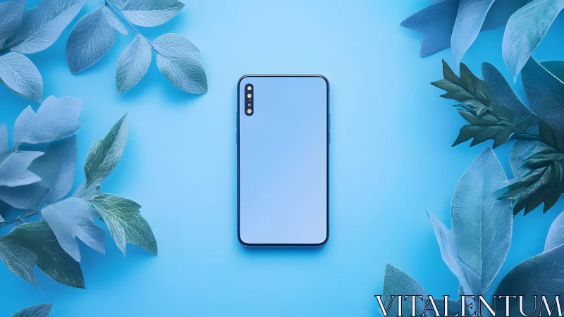 Modern smartphone on blue backdrop with decorative leaves, minimal style.