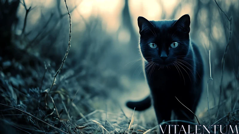 Black Cat with Piercing Blue Eyes in Misty Forest.