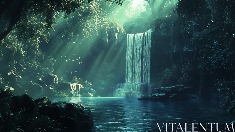 Sunlit jungle waterfall cascades into tranquil emerald pool.