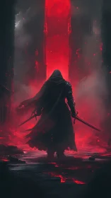 Hooded bladebearer before incandescent hellgate convergence.