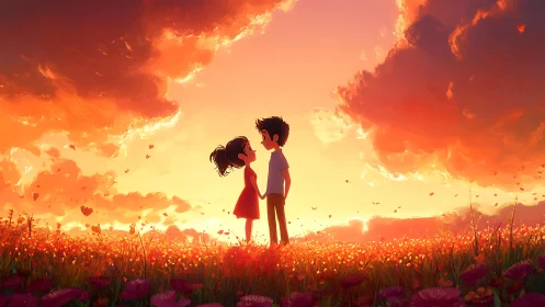 Two Hearts Glow in Golden Meadow of Wildflower Dreams.