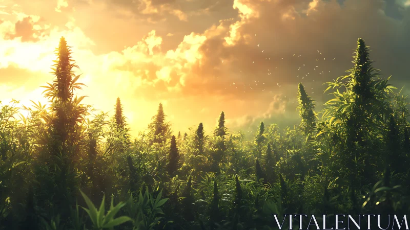 Sunlit cannabis field under dramatic golden sky at dusk.