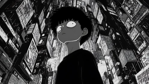 Wide-eyed wanderer beneath neon canyons of inked insomnia.