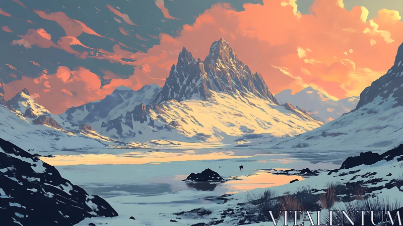 Sunlit alpine massif with frozen lake and distant rider