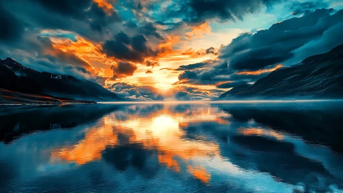 Vivid mountain lake sunset mirrored across still water.