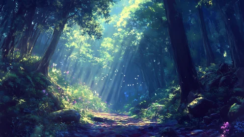Radiant Forest Pathway Through Ethereal Woods.