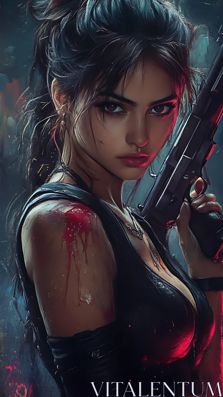 Armed warrior stands defiant in neon-lit rain-soaked alleyway.