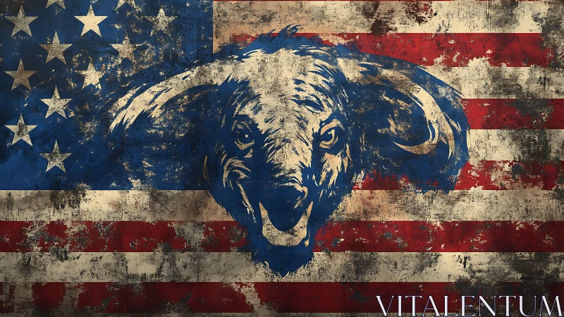 Snarling buffalo spirit splashed across a weathered flag.