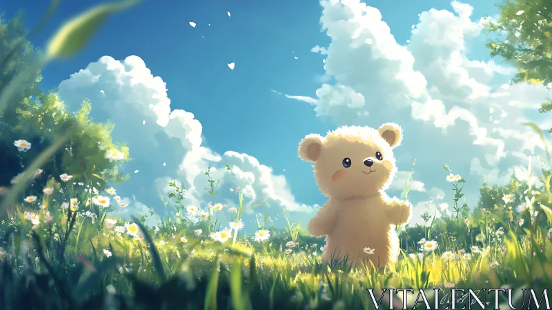 Soft teddy bear wandering through dreamy sunlit meadow.