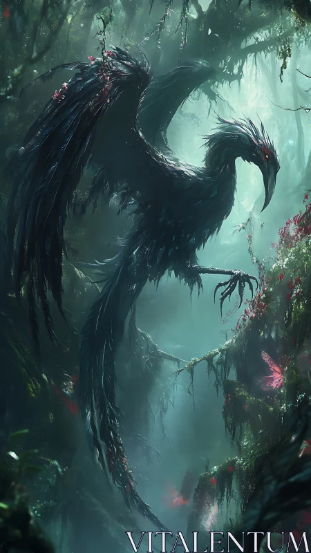 Dark feathered dragon-bird in misty overgrown forest.