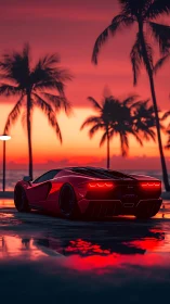 Red supercar under neon sunset beside tropical shoreline.