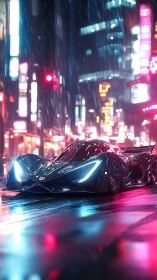 Futuristic hypercar glides through neon city rain at night.
