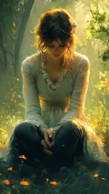 Melancholic woman in sunlit forest rendered as digital painting