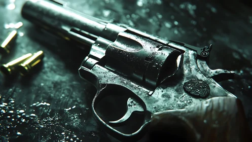Wet metal revolver on dark reflective surface close-up.