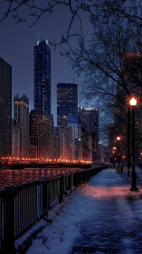 Snowy riverwalk glowing under cozy winter city lights.
