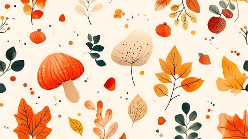 Autumn leaves and mushrooms dance across a cozy cream field