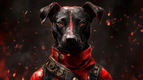Warrior dog portrait in red armor with ember-filled background