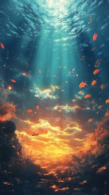 Sunlit coral canyon melts into a blazing underwater sky