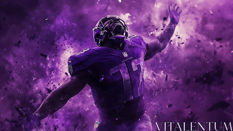 Purple gridiron titan erupts through swirling cosmic smoke.