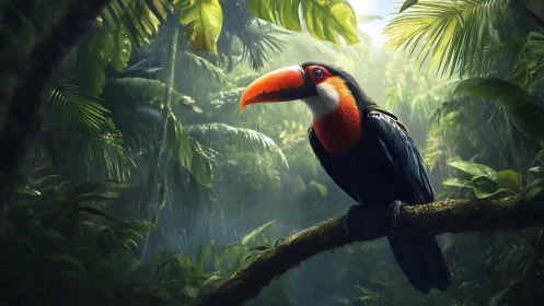 Toucan on mossy branch in dense wet tropical rainforest.