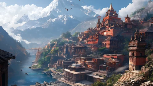 Terraced Himalayan river city integrates red temples and snow peaks