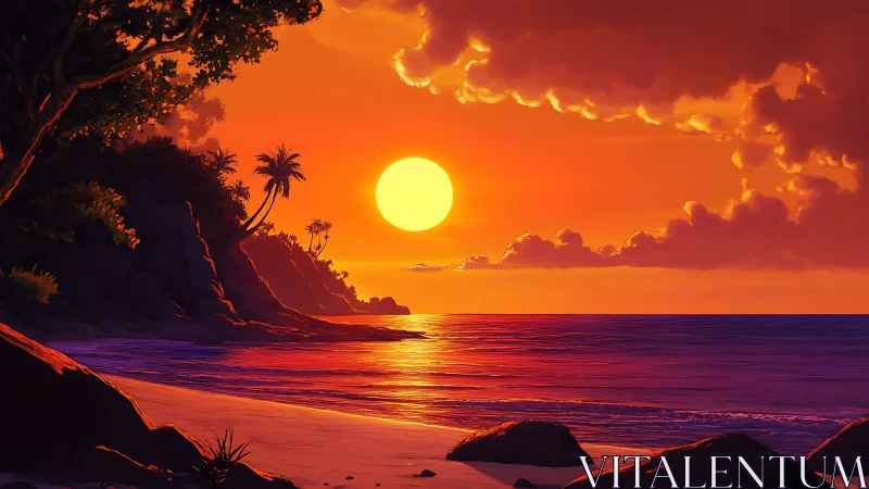 Tropical shoreline sunset in saturated orange and magenta light.