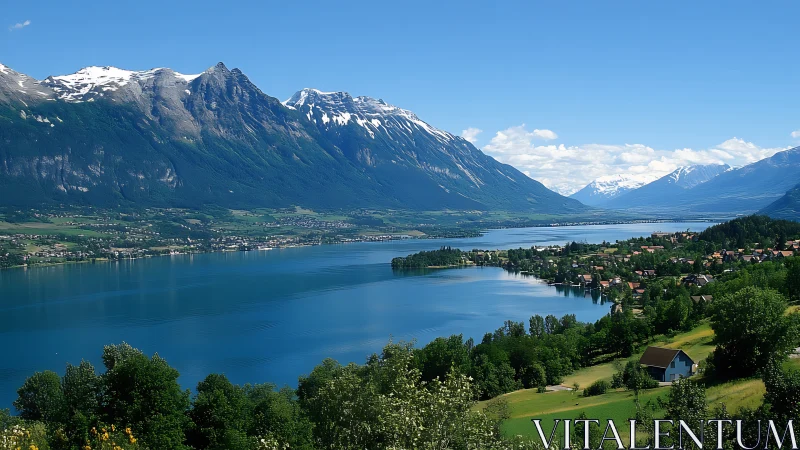 Lakeside town sits below steep snowcapped mountain range
