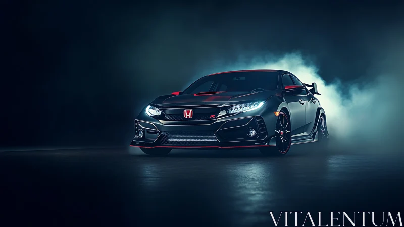 Honda hot hatch in low key studio lighting with tire smoke