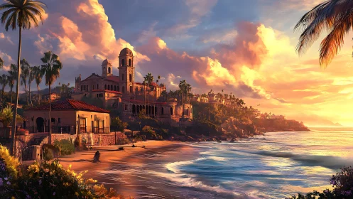 Sunlit coastal citadel overlooks palm-lined bay at sunset