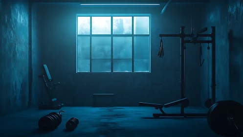 Nocturnal industrial gym under cold volumetric window light.